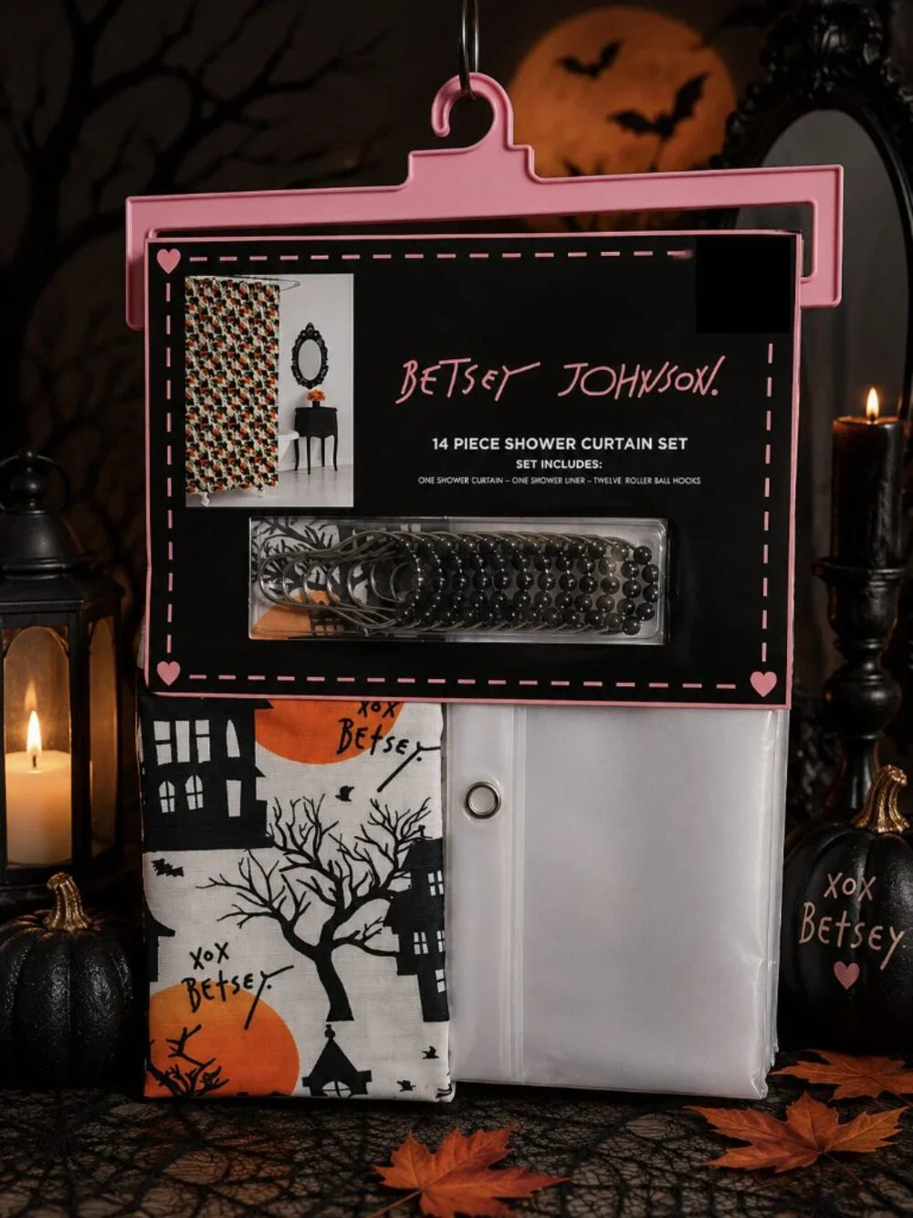 Betsey Johnson Spooky Haunted House Halloween Shower Curtain Liner Hooks NWT